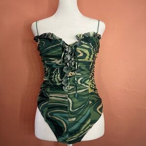 Green Swirl Ruched Ruffle Bodysuit - Lace-Up Front